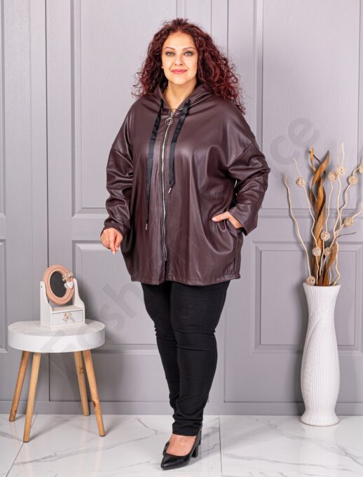 Plus size τζάκετ σε όψη δερματίνης-μπορντό-κωδ 53248-3