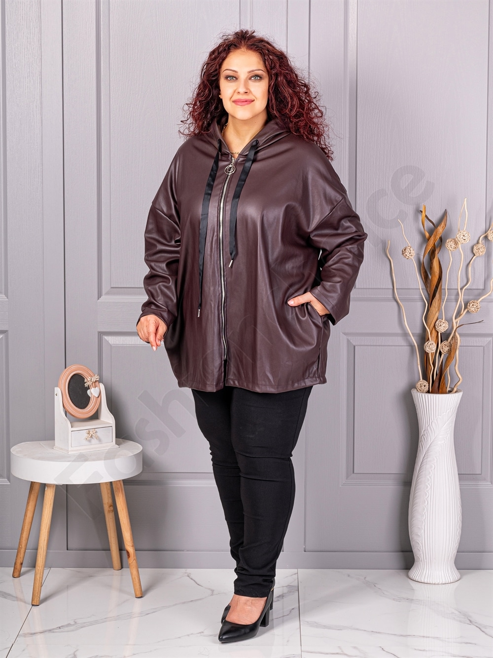 Plus size τζάκετ σε όψη δερματίνης-μπορντό-κωδ 53248-3