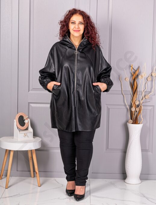 Plus size τζάκετ μακρύ σε όψη δερματίνης-μαύρο-κωδ 53281