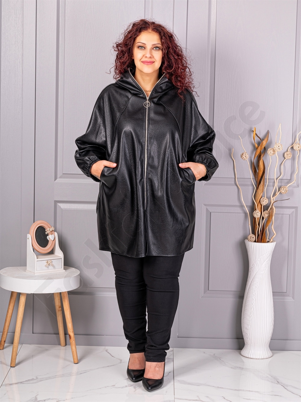 Plus size τζάκετ μακρύ σε όψη δερματίνης-μαύρο-κωδ 53281