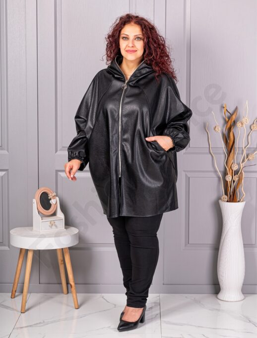 Plus size τζάκετ μακρύ σε όψη δερματίνης-μαύρο-κωδ 53281