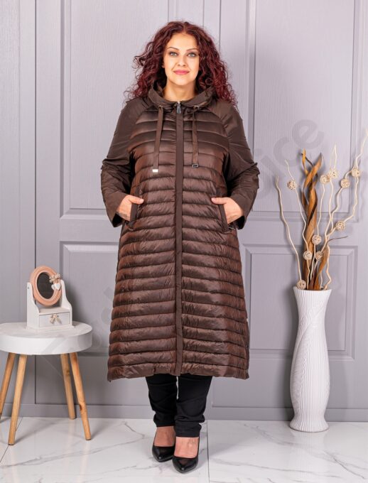Plus size καπιτονέ μπουφάν μακρύ-καφέ-κωδ 2680-1