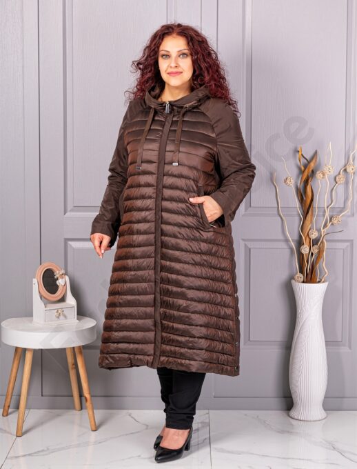 Plus size καπιτονέ μπουφάν μακρύ-καφέ-κωδ 2680-1