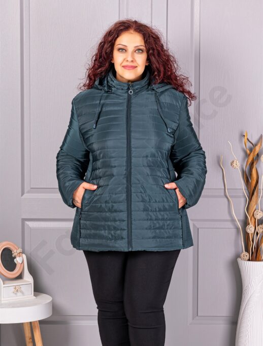Plus size καπιτονέ μπουφάν με κουκούλα-κυπαρισσί-κωδ 5677-3