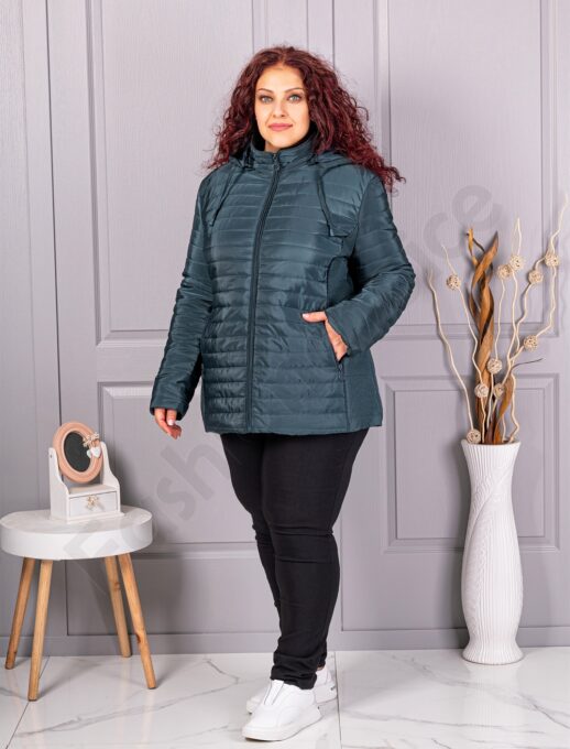 Plus size καπιτονέ μπουφάν με κουκούλα-κυπαρισσί-κωδ 5677-3