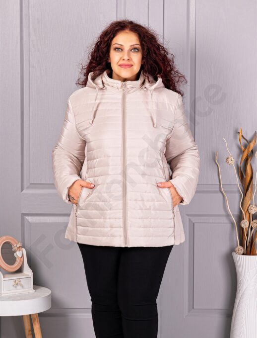 Plus size καπιτονέ μπουφάν με κουκούλα-εκρού-κωδ 5677-1