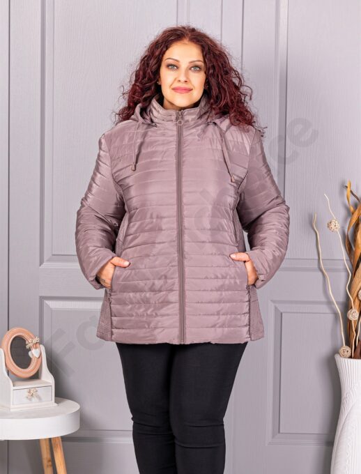 Plus size καπιτονέ μπουφάν με κουκούλα-μόκα-κωδ 5677-2
