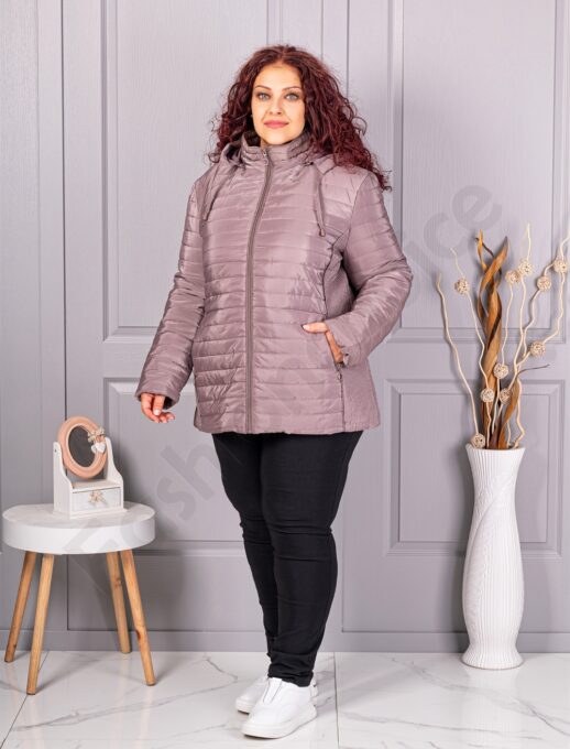 Plus size καπιτονέ μπουφάν με κουκούλα-μόκα-κωδ 5677-2