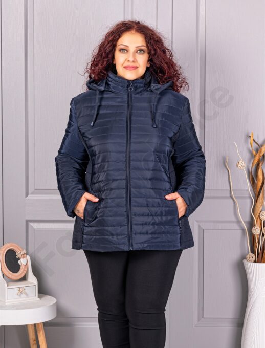 Plus size καπιτονέ μπουφάν με κουκούλα-μπλε σκούρο-κωδ 5677-4