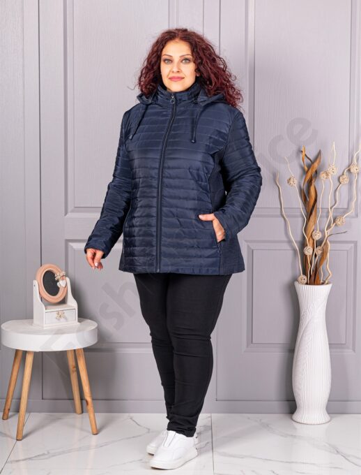 Plus size καπιτονέ μπουφάν με κουκούλα-μπλε σκούρο-κωδ 5677-4