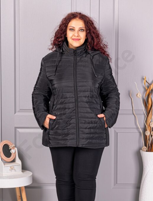Plus size καπιτονέ μπουφάν με κουκούλα-μαύρο-κωδ 5677
