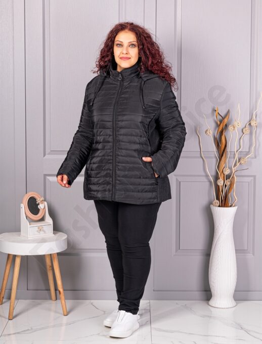 Plus size καπιτονέ μπουφάν με κουκούλα-μαύρο-κωδ 5677