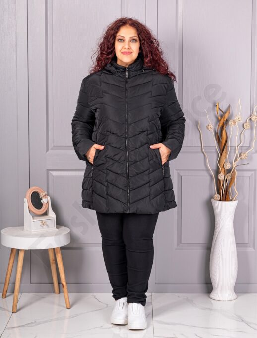 Plus size καπιτονέ μπουφάν με κουκούλα-μαύρο-κωδ 610