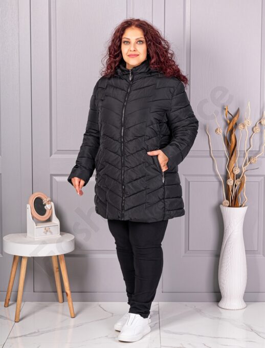 Plus size καπιτονέ μπουφάν με κουκούλα-μαύρο-κωδ 610