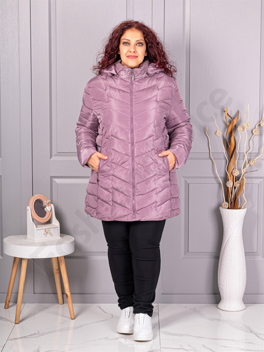 Plus size καπιτονέ μπουφάν με κουκούλα-λιλά-κωδ 610-1