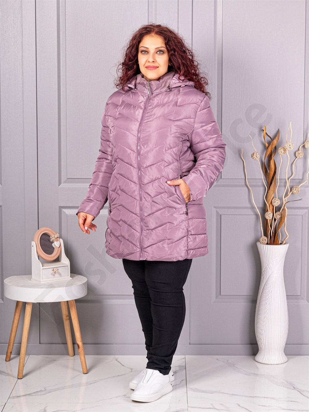 Plus size καπιτονέ μπουφάν με κουκούλα-λιλά-κωδ 610-1