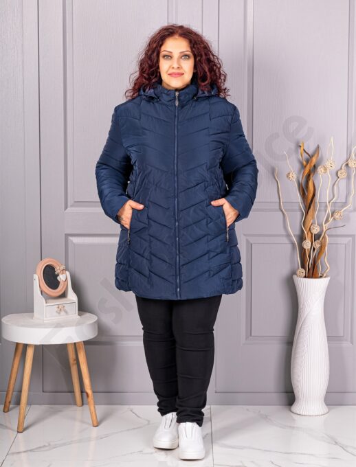 Plus size καπιτονέ μπουφάν με κουκούλα-μπλε σκούρο-κωδ 610-4