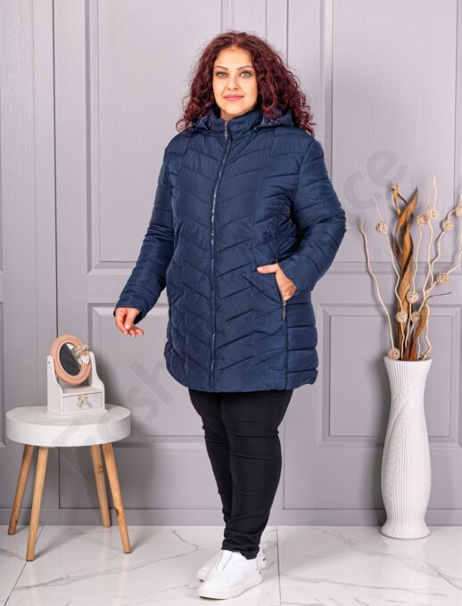 Plus size καπιτονέ μπουφάν με κουκούλα-μπλε σκούρο-κωδ 610-4
