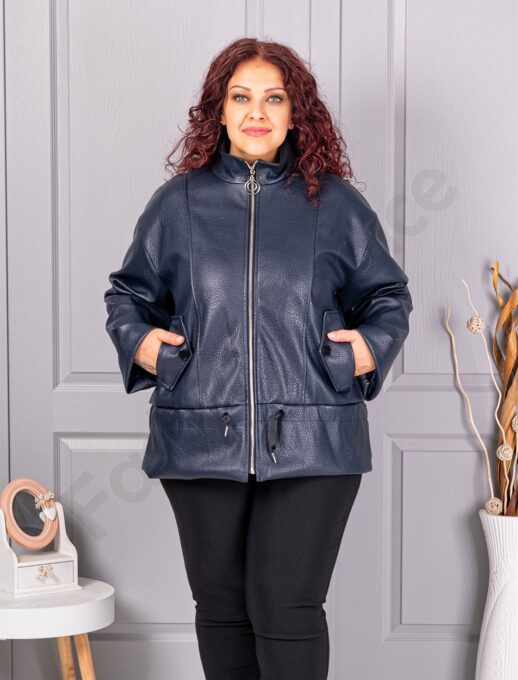 Plus size μπουφάν σε όψη δερματίνης με ψηλό γιακά-μπλε σκούρο-κωδ 53282-1