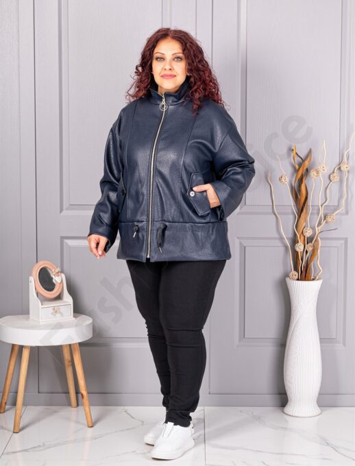 Plus size μπουφάν σε όψη δερματίνης με ψηλό γιακά-μπλε σκούρο-κωδ 53282-1