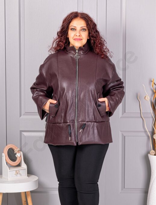 Plus size μπουφάν σε όψη δερματίνης με ψηλό γιακά-μπορντό-κωδ 53282-3