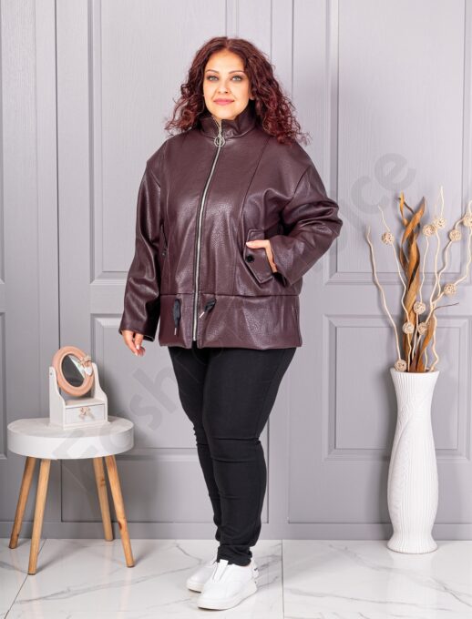 Plus size μπουφάν σε όψη δερματίνης με ψηλό γιακά-μπορντό-κωδ 53282-3