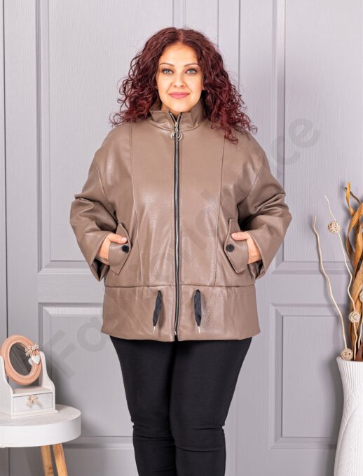 Plus size μπουφάν σε όψη δερματίνης με ψηλό γιακά-μόκα-κωδ 53282-2