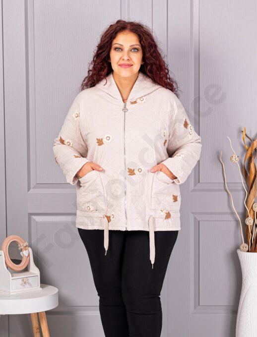 Plus size ελαφρύ μπουφάν με κεντημένα λουλούδια-εκρού-κωδ 5105-2