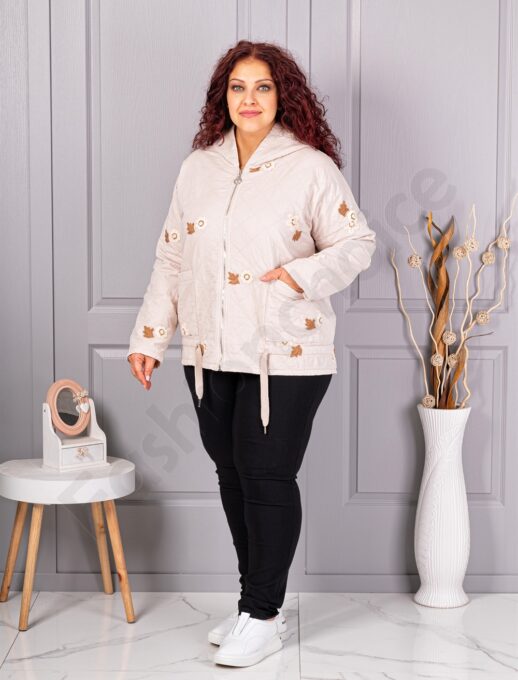 Plus size ελαφρύ μπουφάν με κεντημένα λουλούδια-εκρού-κωδ 5105-2