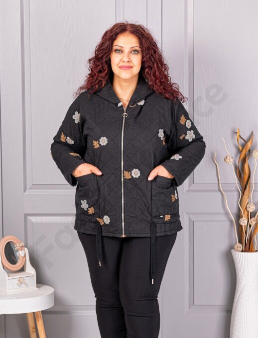 Plus size ελαφρύ μπουφάν με κεντημένα λουλούδια-μαύρο-κωδ 5105