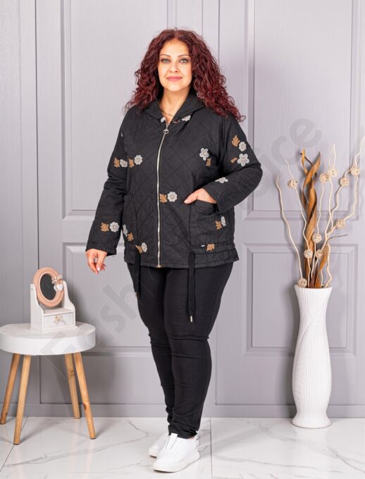 Plus size ελαφρύ μπουφάν με κεντημένα λουλούδια-μαύρο-κωδ 5105