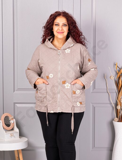 Plus size ελαφρύ μπουφάν με κεντημένα λουλούδια-μπεζ-κωδ 5105-1