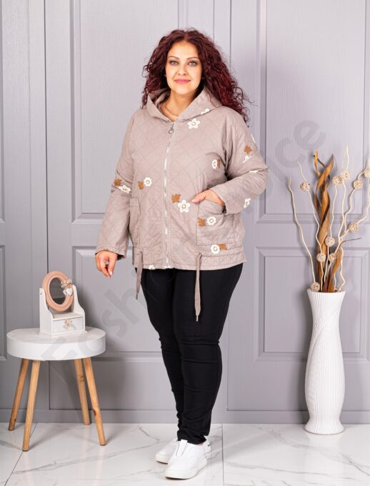 Plus size ελαφρύ μπουφάν με κεντημένα λουλούδια-μπεζ-κωδ 5105-1