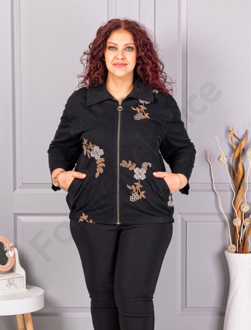 Plus size ζακέτα με κεντημένα λουλούδια-μαύρο-κωδ 11908