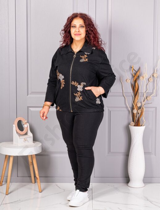 Plus size ζακέτα με κεντημένα λουλούδια-μαύρο-κωδ 11908