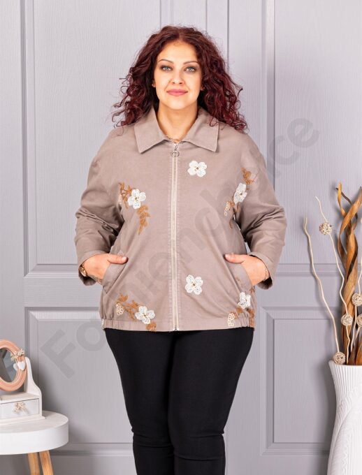 Plus size ζακέτα με κεντημένα λουλούδια-μόκα-κωδ 11908-3