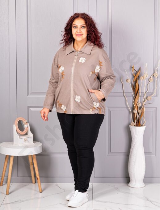 Plus size ζακέτα με κεντημένα λουλούδια-μόκα-κωδ 11908-3
