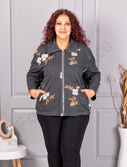 Plus size ζακέτα με κεντημένα λουλούδια-γραφίτη-κωδ 11908-1