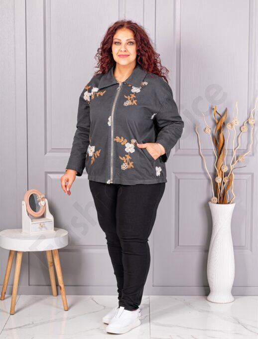 Plus size ζακέτα με κεντημένα λουλούδια-γραφίτη-κωδ 11908-1