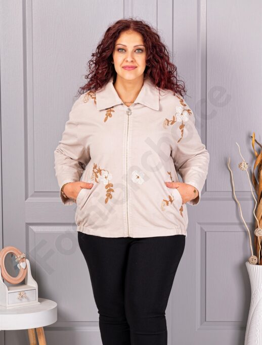 Plus size ζακέτα με κεντημένα λουλούδια-μπεζ-κωδ 11908-2