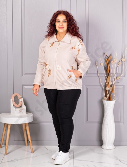 Plus size ζακέτα με κεντημένα λουλούδια-μπεζ-κωδ 11908-2