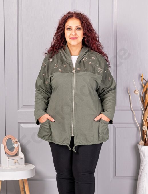 Plus size ζακέτα με απλικέ παγιέτες-χακί-κωδ 1071-3