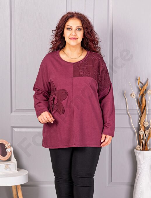 Plus size μπλούζα με κέντημα και απλικέ-μπορντό-κωδ 9951-1