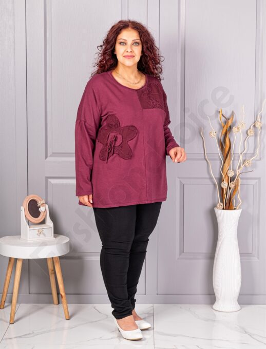 Plus size μπλούζα με κέντημα και απλικέ-μπορντό-κωδ 9951-1