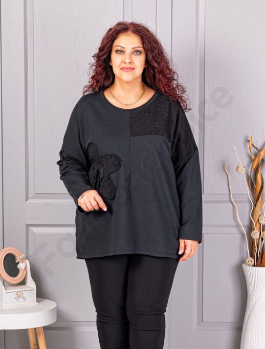 Plus size μπλούζα με κέντημα και απλικέ-μαύρο-κωδ 9951