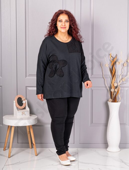 Plus size μπλούζα με κέντημα και απλικέ-μαύρο-κωδ 9951
