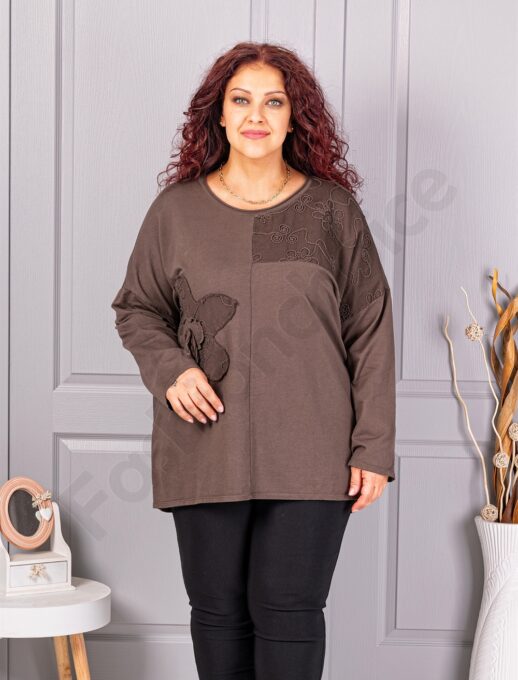 Plus size μπλούζα με κέντημα και απλικέ-καφέ-κωδ 9951-4