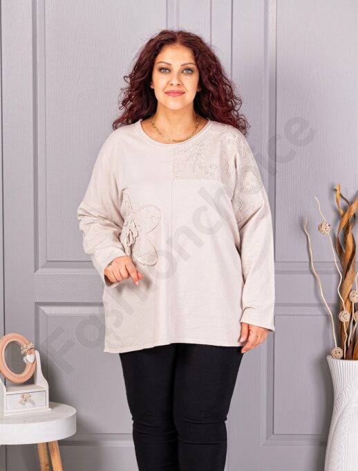 Plus size μπλούζα με κέντημα και απλικέ-εκρού-κωδ 9951-6