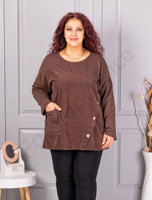Plus size μπλούζα με τσέπη-καφέ-κωδ 99989-5