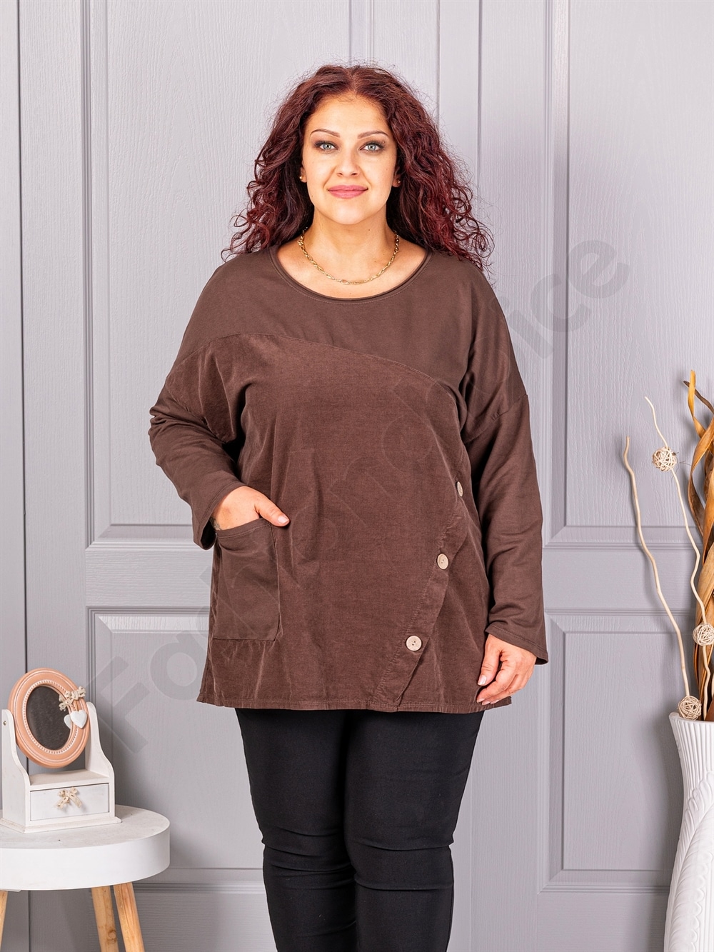 Plus size μπλούζα με τσέπη-καφέ-κωδ 99989-5